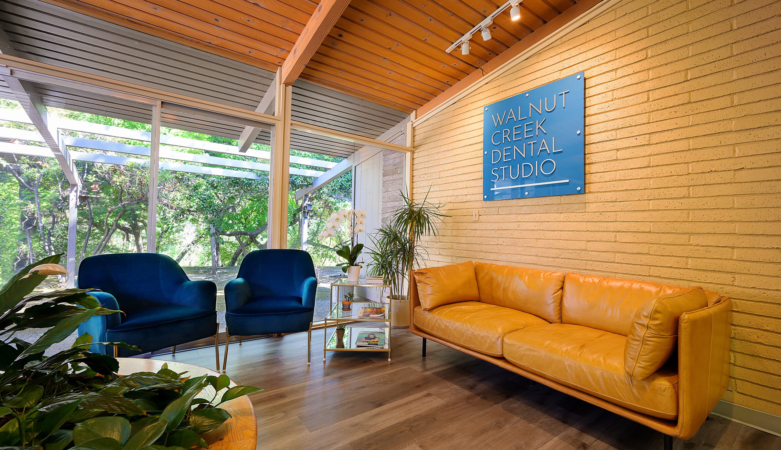 Walnut Creek Dental Studio's waiting area warmly greets patients with floor-to-ceiling windows and comfortable seating